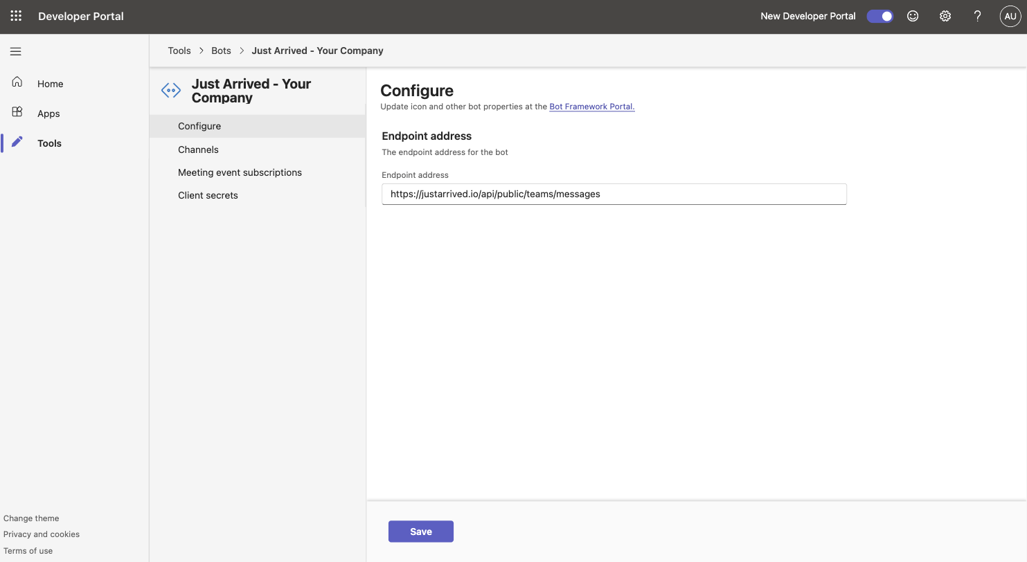 Screenshot for Set the messaging endpoint