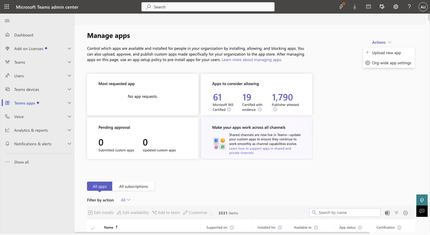 Screenshot for Upload the package in the Teams admin center